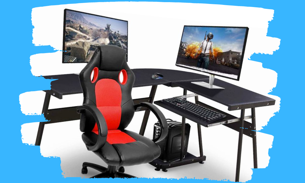 L-Shaped Gaming Desk with Red and Black Chair